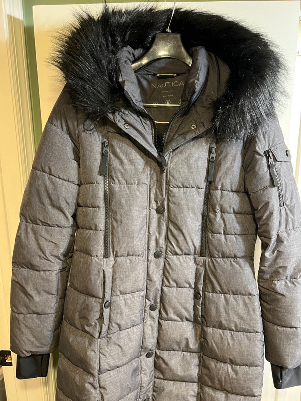 Nautica Women's Charcoal Quilted Puffer Coat with Black Faux Fur Hood Trim